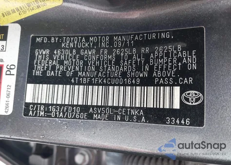 2012 Toyota Camry Le from USA, damaged, VIN 4T1BF1FK4CU001649